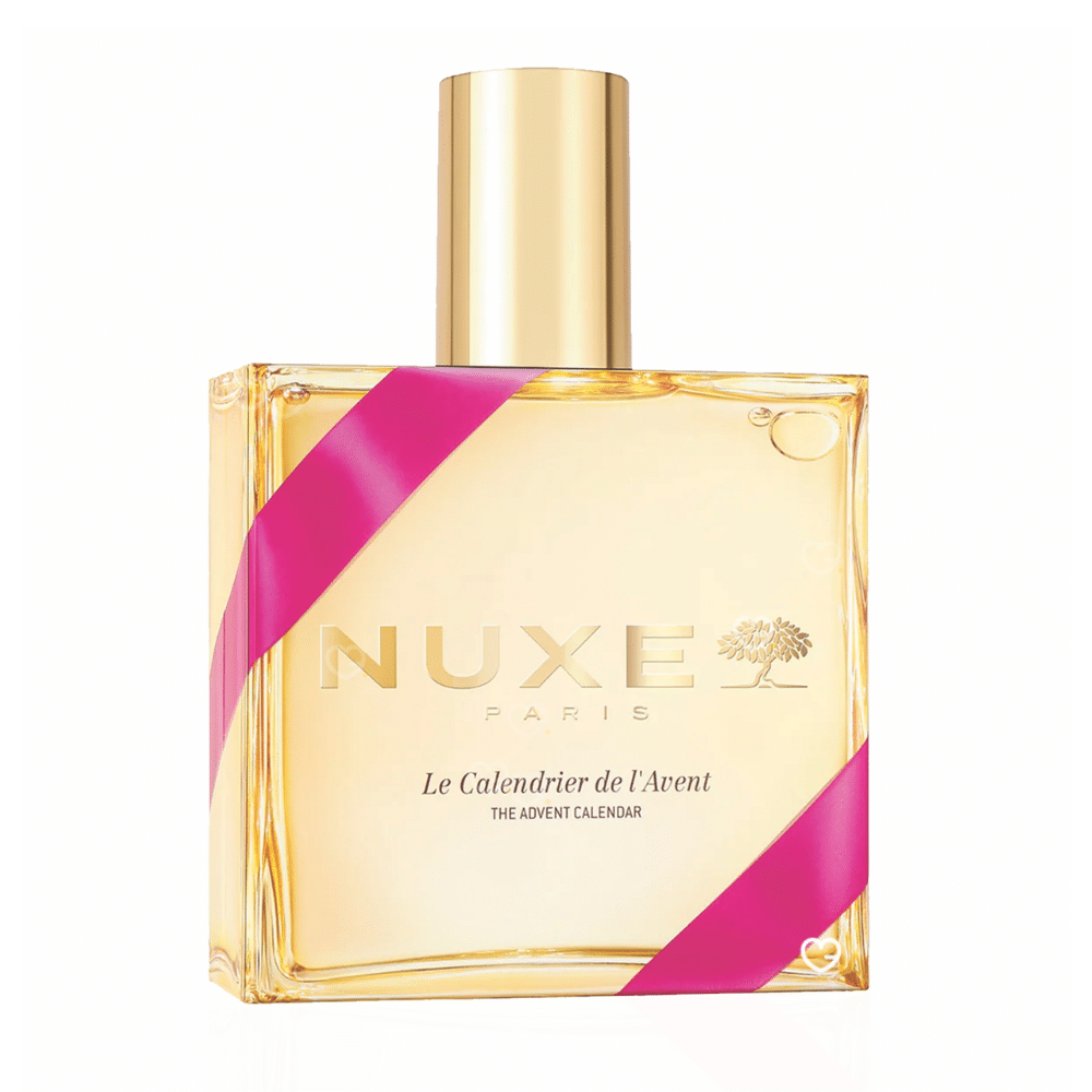 Nuxe 2025 Advent Calendar in the shape of a bottle with 24 premium beauty products, including face, body and hair care products, accessories and iconic oils for skincare enthusiasts.