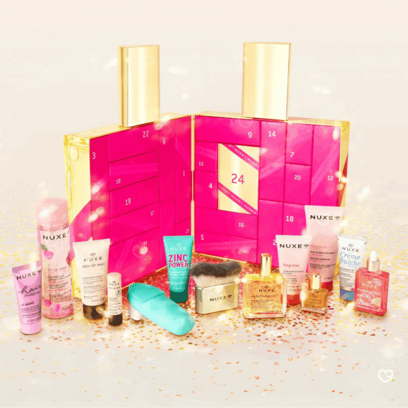 Nuxe 2025 Advent Calendar in the shape of a bottle with 24 premium beauty products, including face, body and hair care products, accessories and iconic oils for skincare enthusiasts.