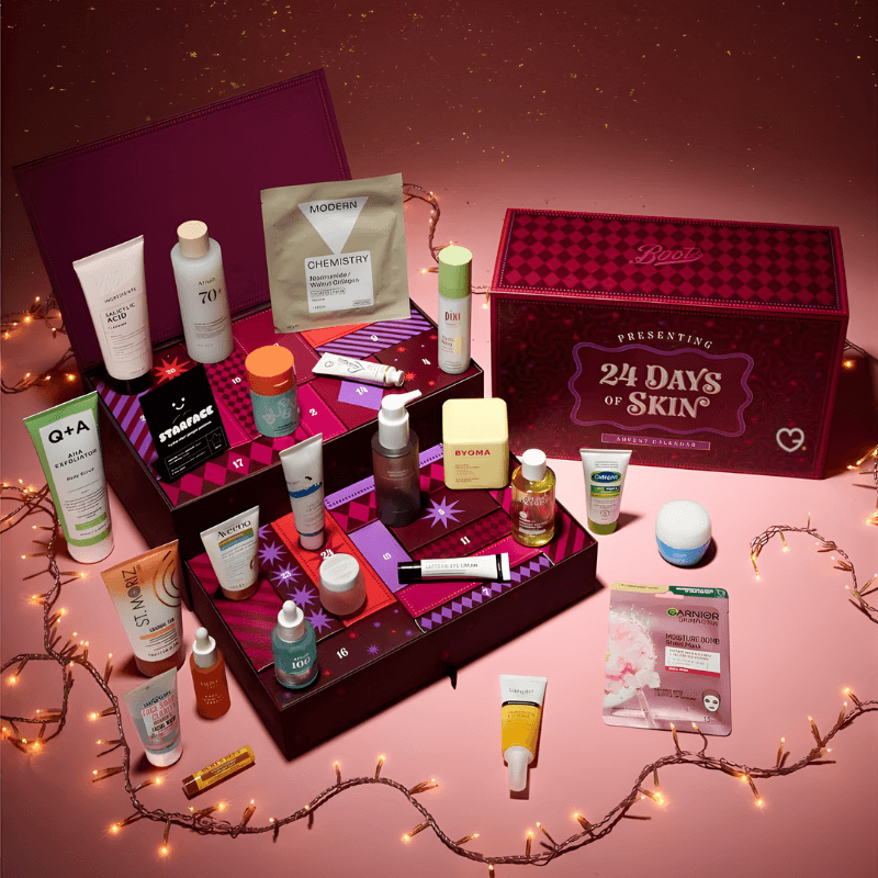 Boots Skincare Advent Calendar 2025 with 24 beauty treats including full-size serums, creams and cleansers for skincare lovers.