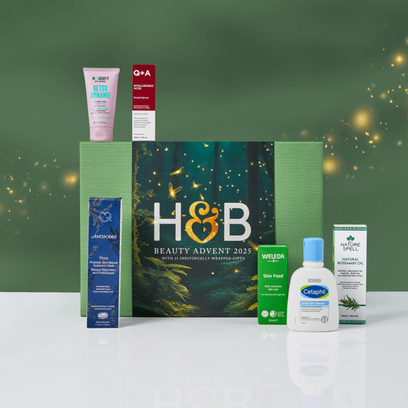 Holland & Barrett Advent Calendar 2025 with 25 natural beauty treats including Cetaphil, Weleda and Q+A, perfect for eco-conscious women.
