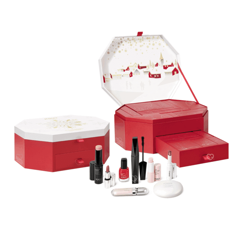 Kiko Advent calendar 2025 makeup beauty composed of 24 make-up and skincare products, in standard or mini format, as well as essential accessories.