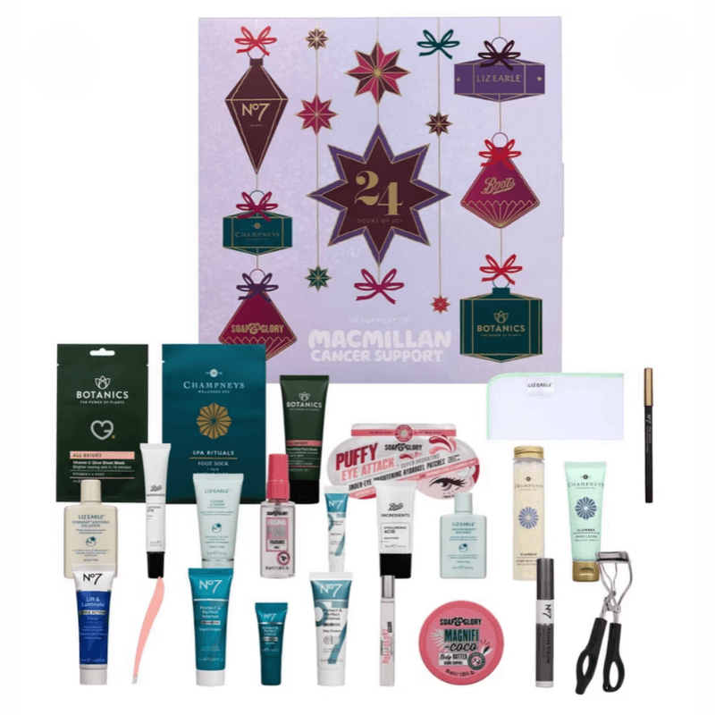 Macmillan Advent Calendar 2025 with 24 beauty treats including No7 serum and Liz Earle cleanser, perfect for beauty lovers