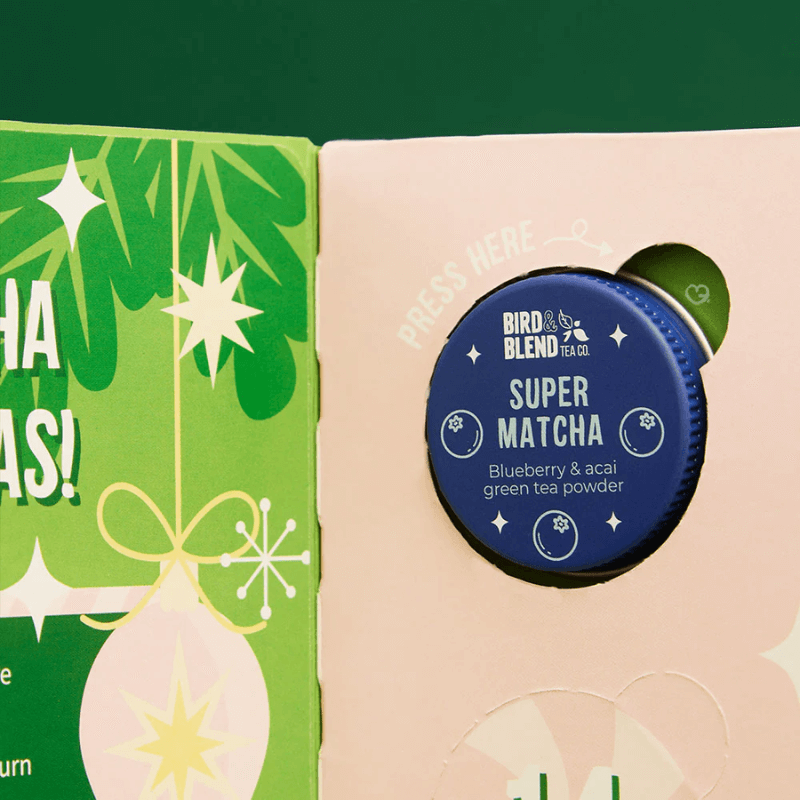Matcha Advent Calendar 2025 in festive green box with 24 unique matcha flavours, two servings each for 48 cups.