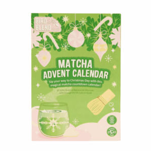 Matcha Advent Calendar 2025 in festive green box with 24 unique matcha flavours, two servings each for 48 cups.