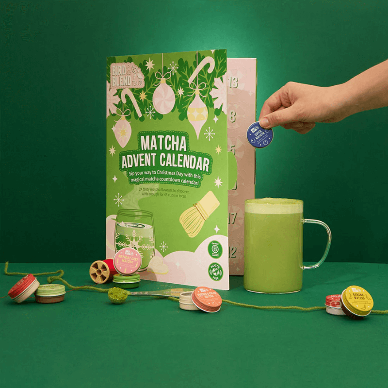 Matcha Advent Calendar 2025 in festive green box with 24 unique matcha flavours, two servings each for 48 cups.