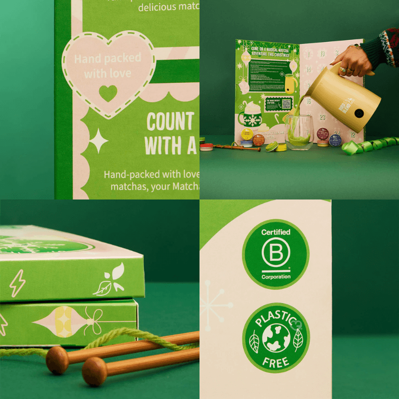 Matcha Advent Calendar 2025 in festive green box with 24 unique matcha flavours, two servings each for 48 cups.