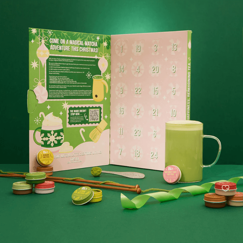 Matcha Advent Calendar 2025 in festive green box with 24 unique matcha flavours, two servings each for 48 cups.