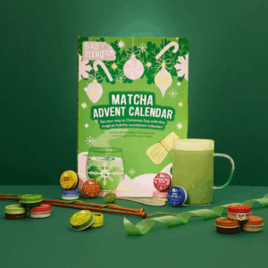 Matcha Advent Calendar 2025 in festive green box with 24 unique matcha flavours, two servings each for 48 cups.