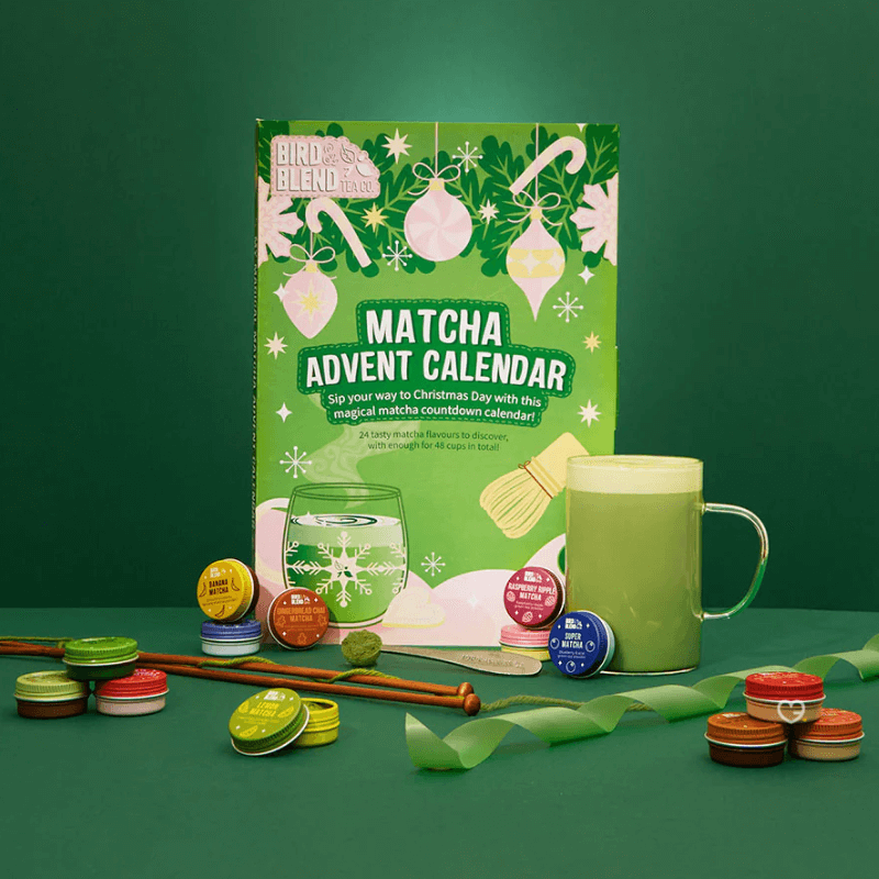 Matcha Advent Calendar 2025 in festive green box with 24 unique matcha flavours, two servings each for 48 cups.