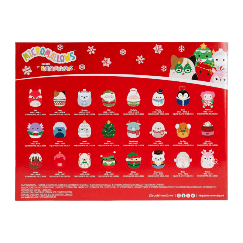 MicroMallows Advent Calendar 2025 presents a vibrant and festive theme, with a blue holiday background covered in snowflakes, ornaments, and playful cartoon-style illustrations.