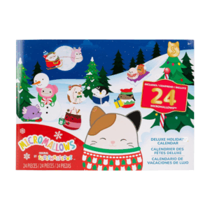MicroMallows Advent Calendar 2025 presents a vibrant and festive theme, with a blue holiday background covered in snowflakes, ornaments, and playful cartoon-style illustrations.