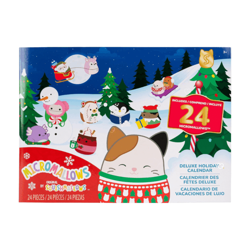 MicroMallows Advent Calendar 2025 presents a vibrant and festive theme, with a blue holiday background covered in snowflakes, ornaments, and playful cartoon-style illustrations.