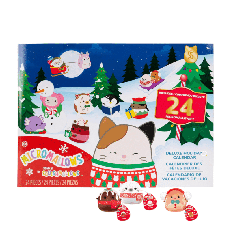 MicroMallows Advent Calendar 2025 presents a vibrant and festive theme, with a blue holiday background covered in snowflakes, ornaments, and playful cartoon-style illustrations.