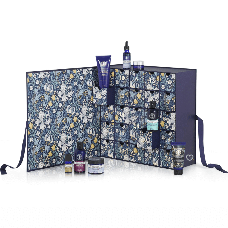 Neal's Yard Remedies Advent Calendar 2025 in blue festive box with 24 organic beauty treats including full-size skincare icons.