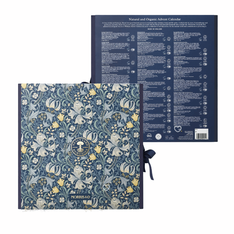 Neal's Yard Remedies Advent Calendar 2025 in blue festive box with 24 organic beauty treats including full-size skincare icons.