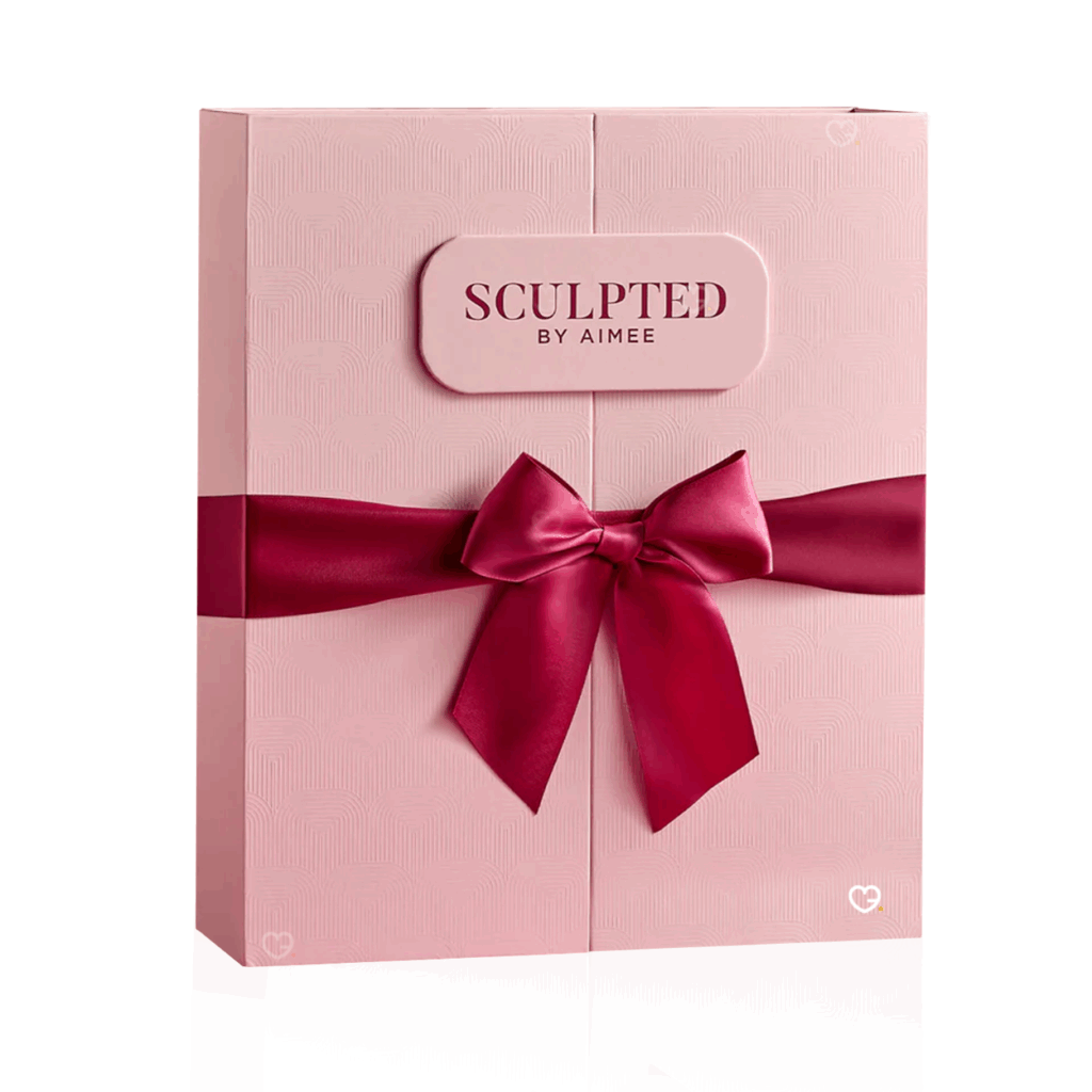 Sculpted By Aimee Advent Calendar 2025 with 12 beauty treats including 8 full-sized and 5 exclusive skincare and makeup products for women.