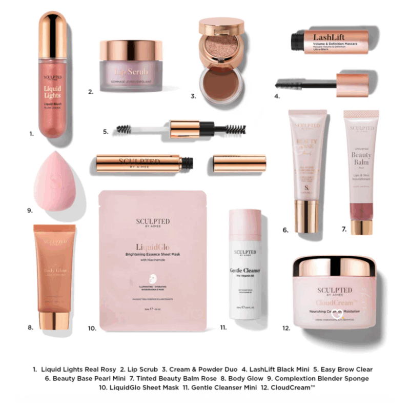 Sculpted By Aimee Advent Calendar 2025 with 12 beauty treats including 8 full-sized and 5 exclusive skincare and makeup products for women.