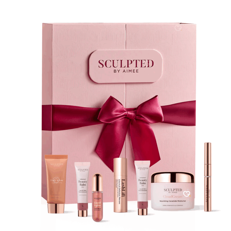 Sculpted By Aimee Advent Calendar 2025 with 12 beauty treats including 8 full-sized and 5 exclusive skincare and makeup products for women.