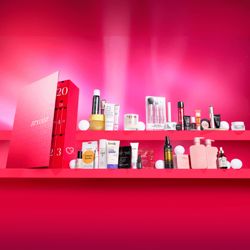 Stylist x Latest In Beauty Advent Calendar 2025 with 25 cases, 32 premium skincare, makeup and haircare treats for beauty lovers.