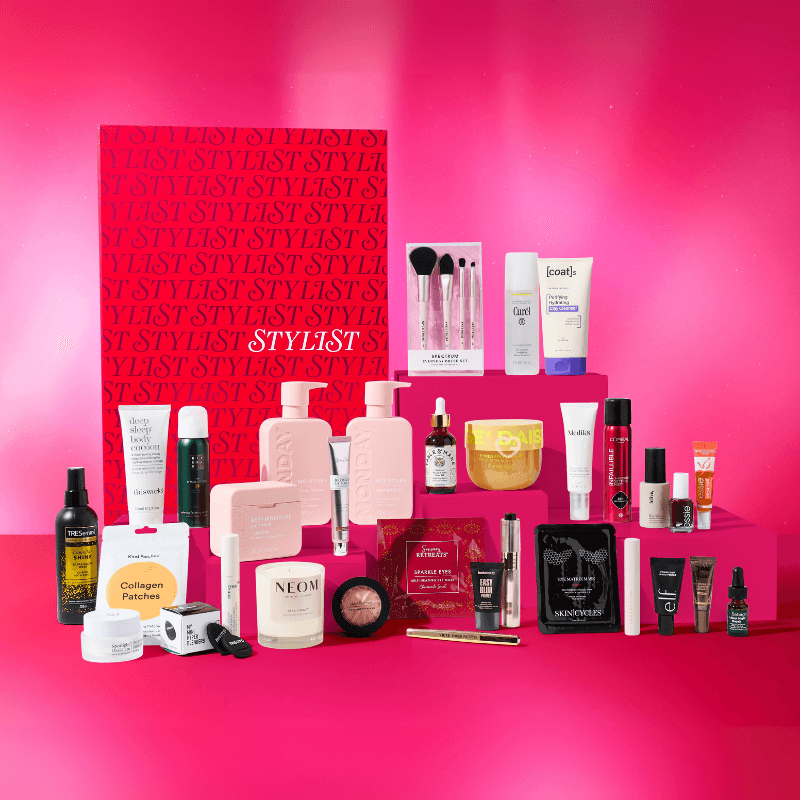 Stylist x Latest In Beauty Advent Calendar 2025 with 25 cases, 32 premium skincare, makeup and haircare treats for beauty lovers.