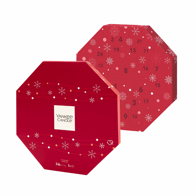 Yankee Candle Wreath Advent Calendar 2025 with 24 scented tea lights, glass holder and 8 festive fragrances, perfect for Christmas candle lovers.