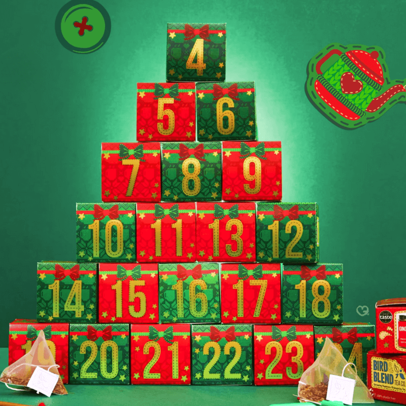 Bird & Blend Tea Advent Calendar 2025 with 24 festive blends, two teas per day, plus caffeine-free options for tea lovers and gift givers.