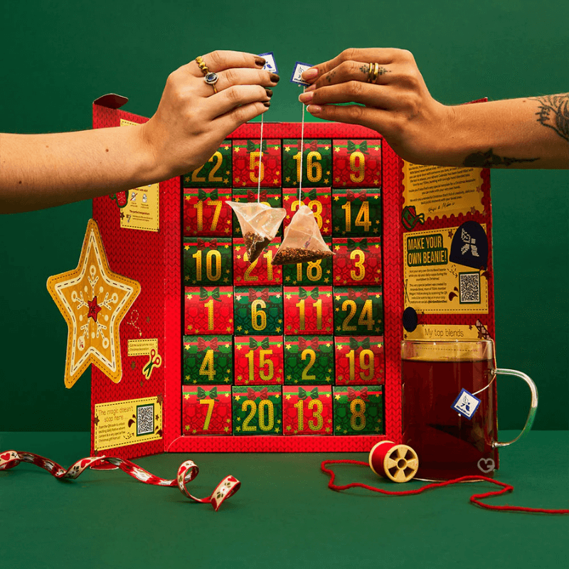 Bird & Blend Tea Advent Calendar 2025 with 24 festive blends, two teas per day, plus caffeine-free options for tea lovers and gift givers.