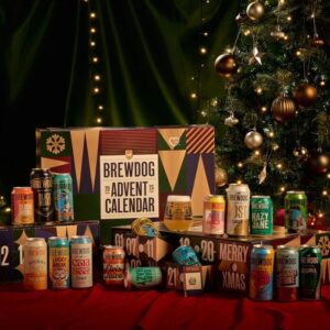 BrewDog Advent Calendar 2025 featuring 24 craft beers plus exclusive glass and badge in festive gift box design.
