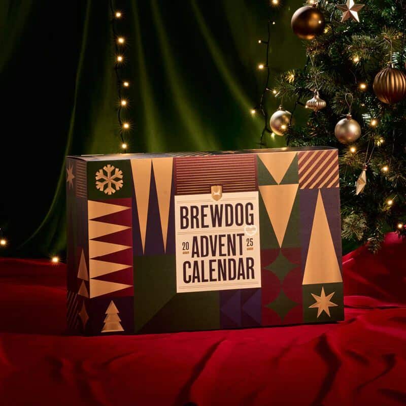 BrewDog Advent Calendar 2025 featuring 24 craft beers plus exclusive glass and badge in festive gift box design.