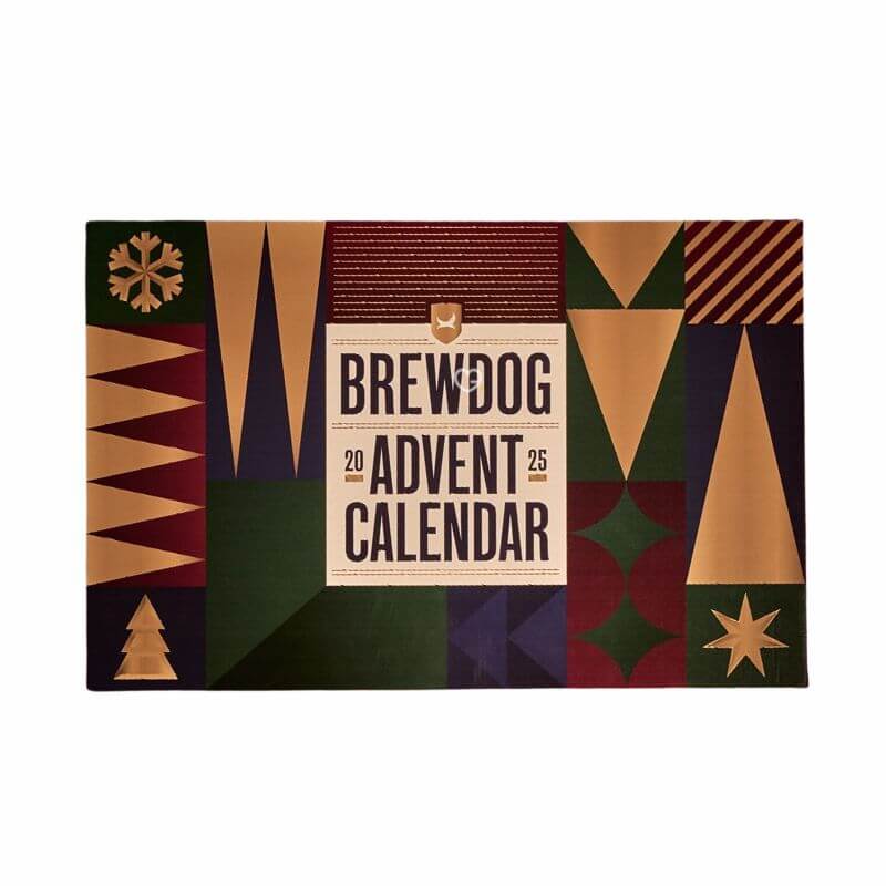 BrewDog Advent Calendar 2025 featuring 24 craft beers plus exclusive glass and badge in festive gift box design.