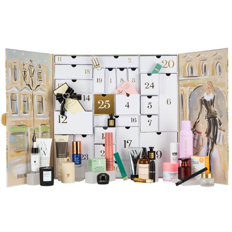 Brown Thomas Advent Calendar 2025 in festive red box with 25 luxury beauty treats from brands like NARS and Jo Malone.