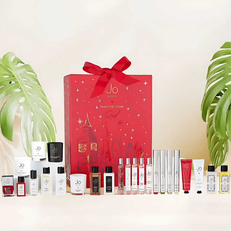 Jo Loves Advent Calendar 2025 in a red festive box with 25 luxury fragrances, candles and body care treats.