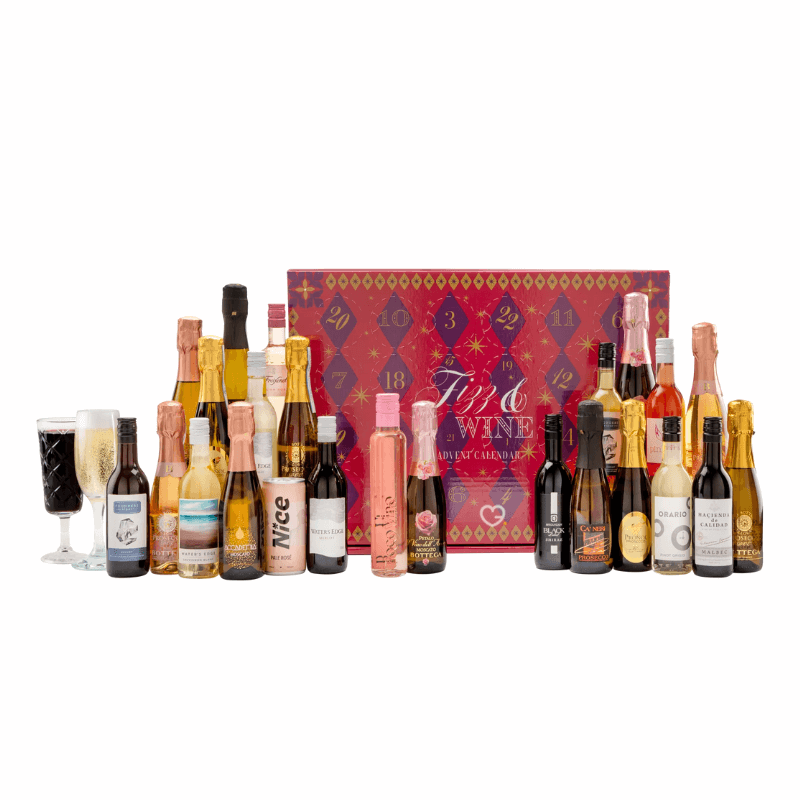 John Lewis Fizz Advent Calendar 2025 with 24 miniature wines and sparkling fizz in a festive box, perfect for adults celebrating Christmas.