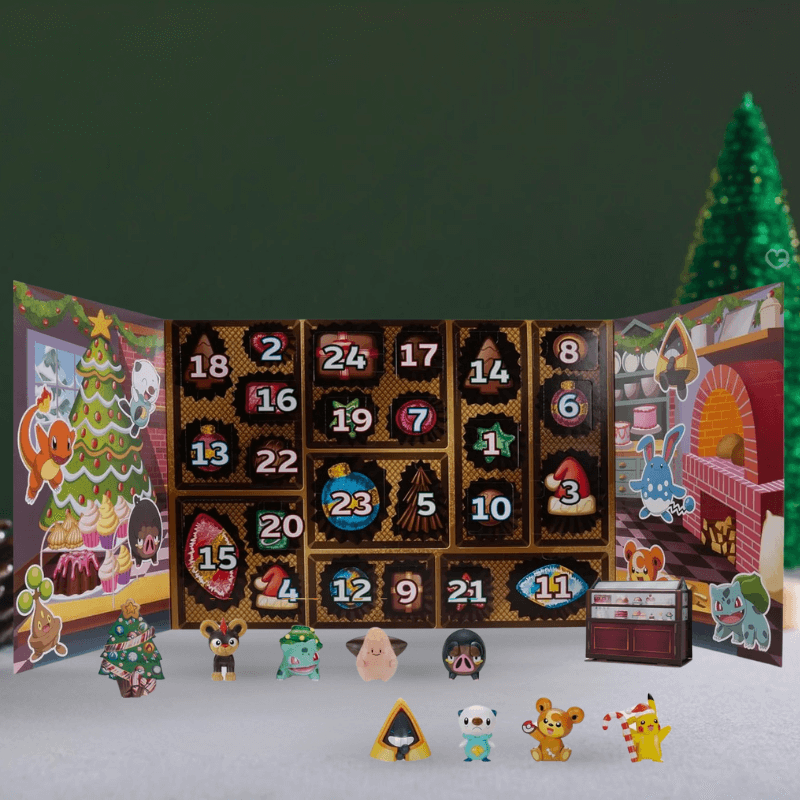 Pokémon Holiday Advent Calendar 2025 with 24 festive figures, cards, boosters and accessories, perfect for kids, parents and collectors.