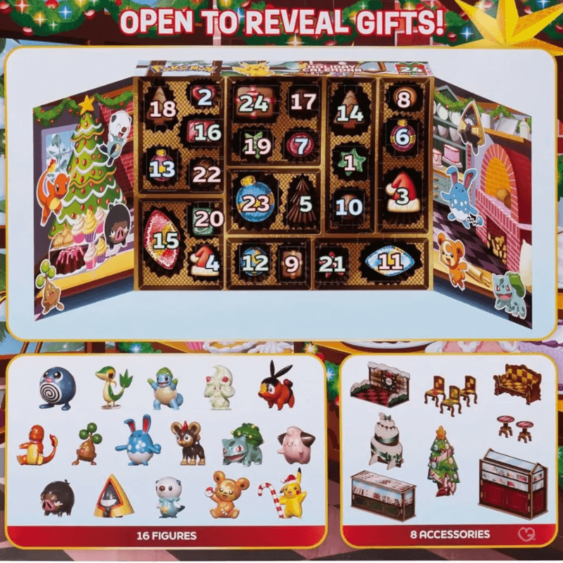 Pokémon Holiday Advent Calendar 2025 with 24 festive figures, cards, boosters and accessories, perfect for kids, parents and collectors.