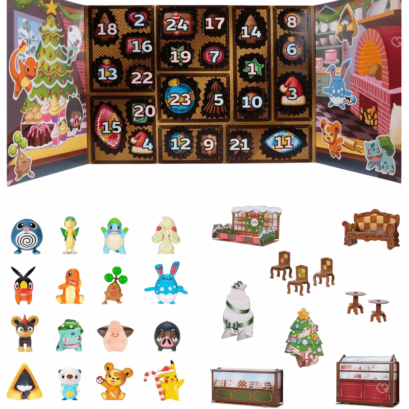 Pokémon Holiday Advent Calendar 2025 with 24 festive figures, cards, boosters and accessories, perfect for kids, parents and collectors.