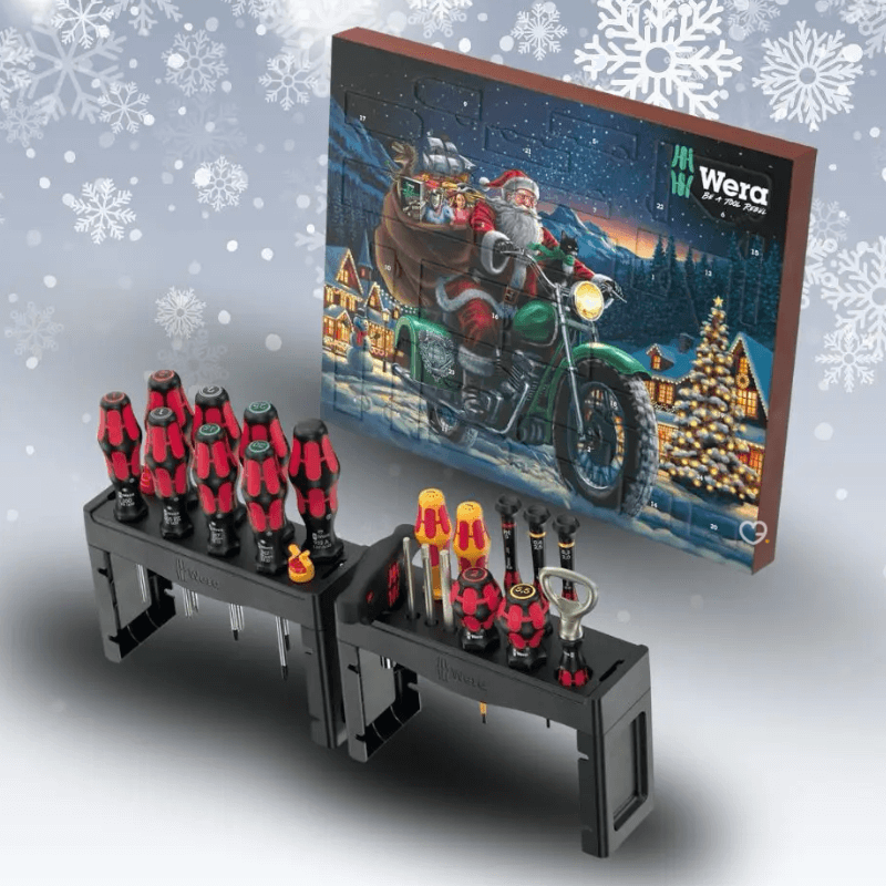 Wera Advent Calendar 2025 with 28 tool surprises including VDE screwdrivers, Micro drivers, T-handle and accessories.