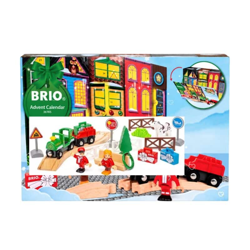 Brio Advent Calendar 2026 box and all 24 wooden pieces laid out on white