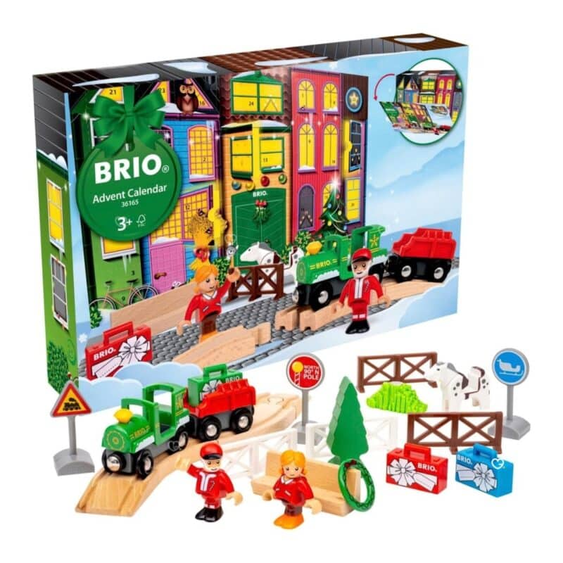 Brio Advent Calendar 2026 box and wooden pieces from another angle on white