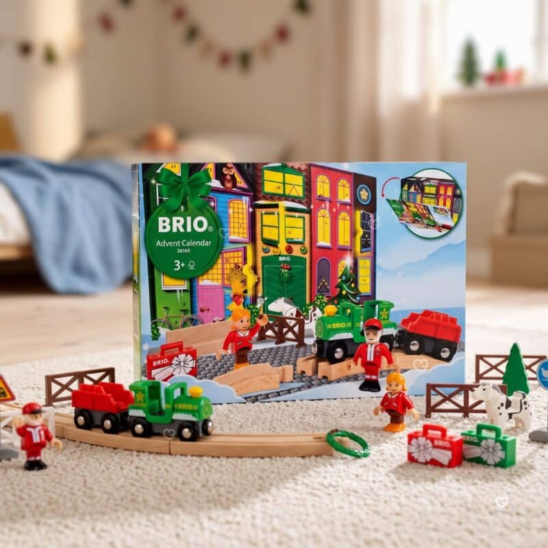 Brio Advent Calendar 2026 box and pieces on a bedroom play mat
