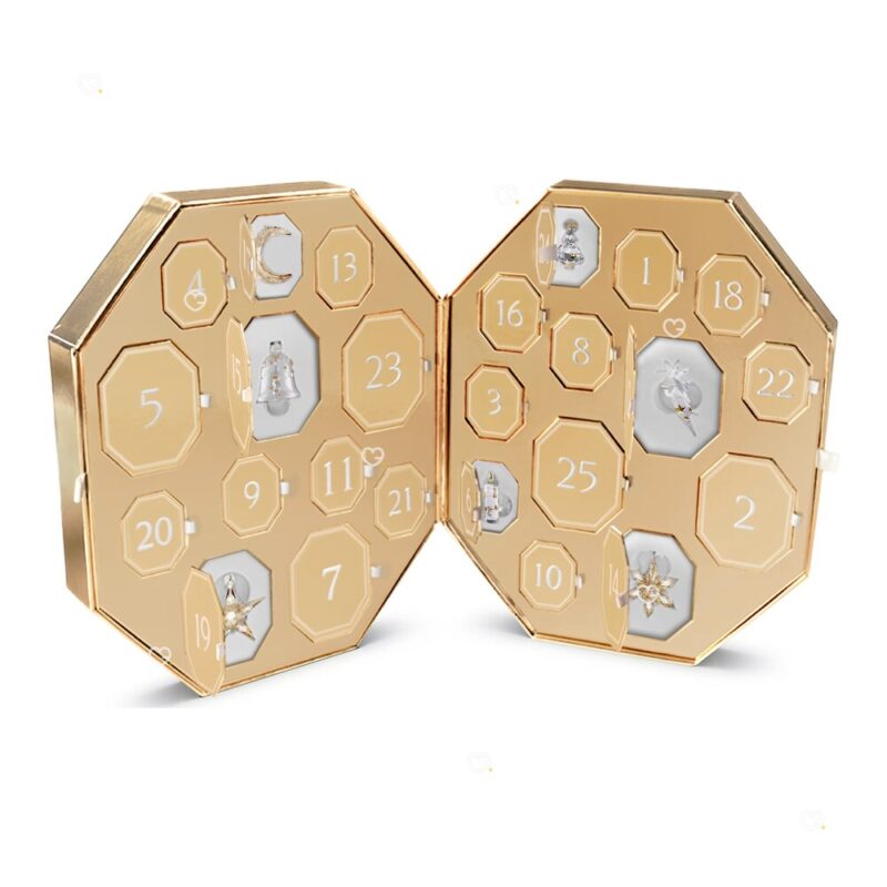 Swarovski Advent Calendar 2026 jewellery advent calendar shown as an open diptych, several numbered doors opened to reveal crystal ornaments