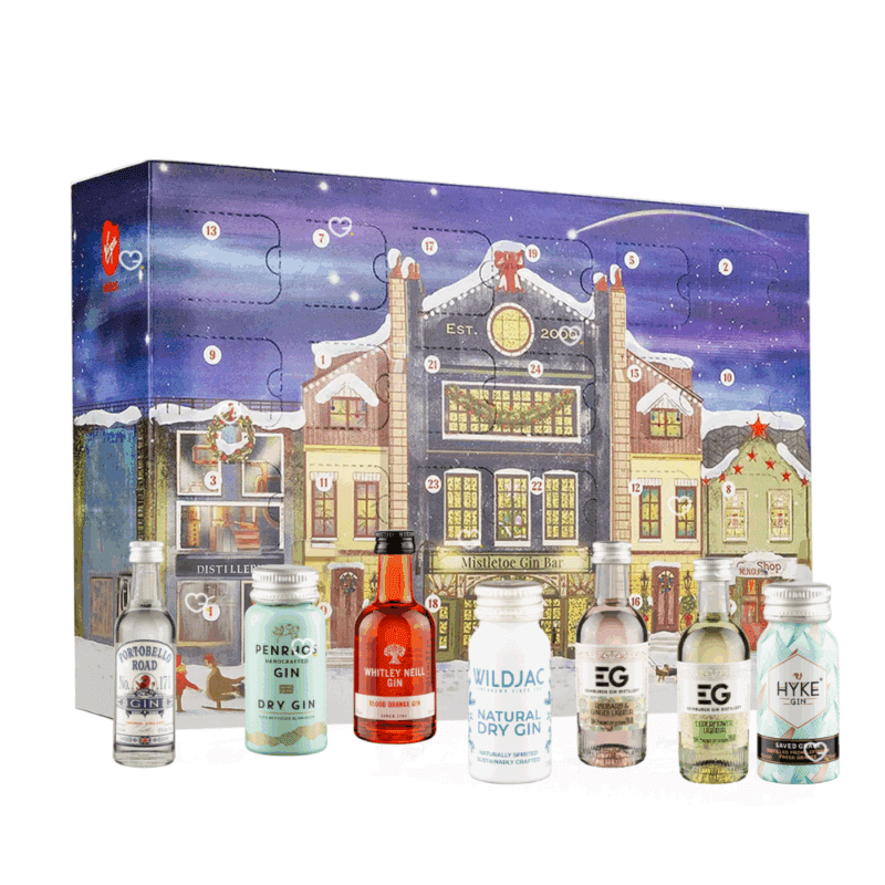 Virgin Wines Gin Advent Calendar 2025 featuring 24x5cl craft gins in festive packaging, ideal for adult gin lovers and gift buyers.