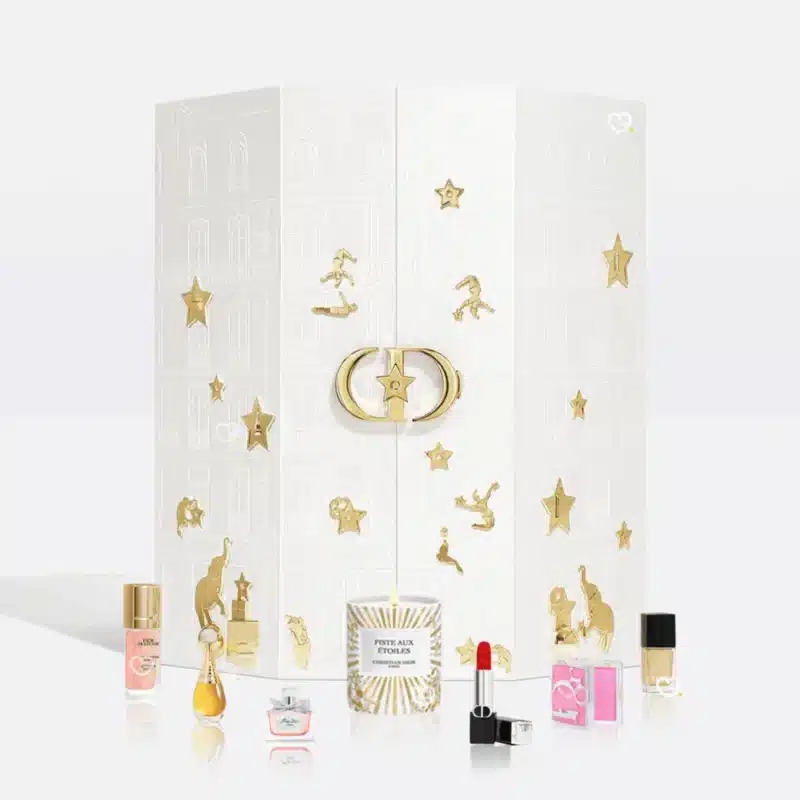 Dior Advent Calendar 2025 with 24 luxury miniatures including fragrances, makeup, skincare and a scented candle, perfect for beauty lovers.