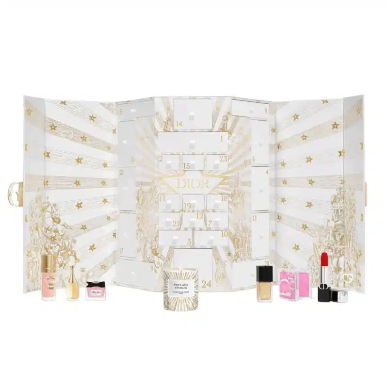 Dior Advent Calendar 2025 with 24 luxury miniatures including fragrances, makeup, skincare and a scented candle, perfect for beauty lovers.