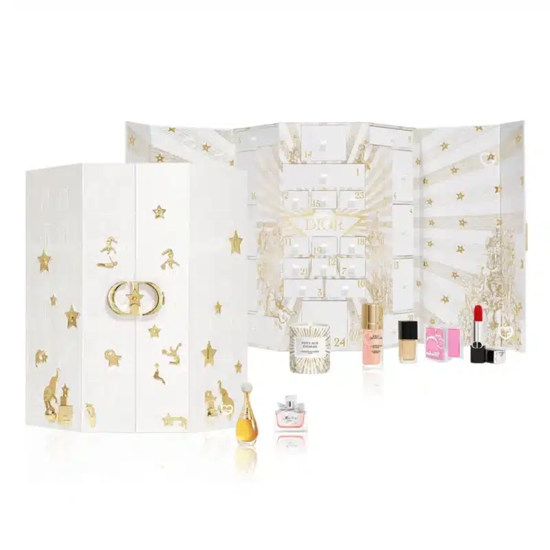 Dior Advent Calendar 2025 with 24 luxury miniatures including fragrances, makeup, skincare and a scented candle, perfect for beauty lovers.