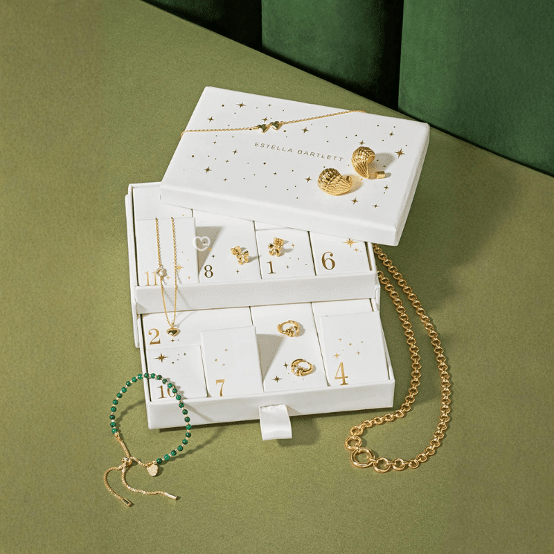 Estella Bartlett Advent Calendar 2025 with 12 gold- or silver-plated necklaces, bracelets and earrings in festive packaging for style-conscious women.