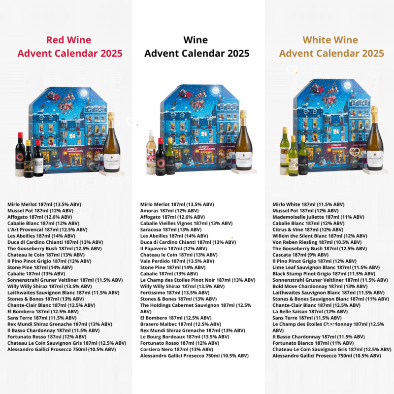 Laithwaites Advent Calendar 2025 contains 24 mini bottles of red, white and rosé wines, ideal festive gift for wine lovers.