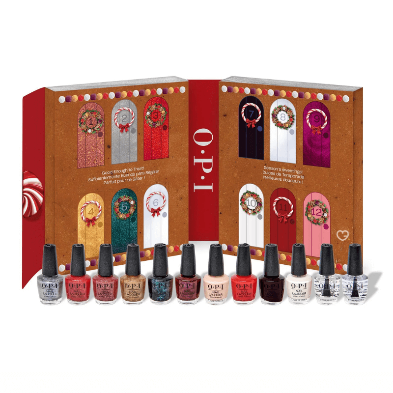 OPI Advent Calendar 2025 with 12 limited edition mini nail polishes in festive shades, perfect for beauty lovers and gift shoppers.