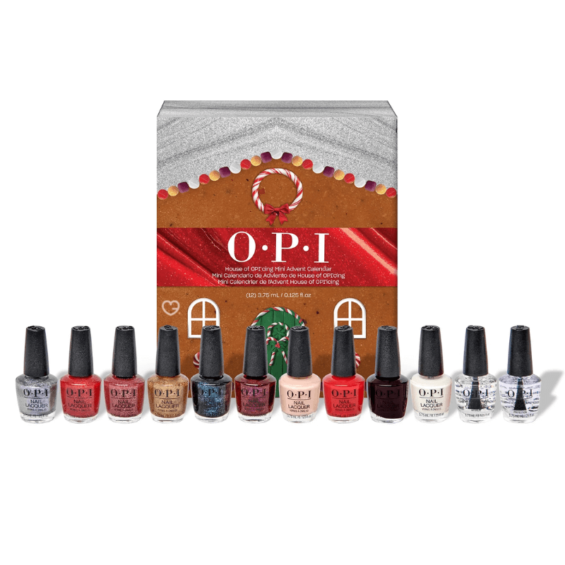 OPI Advent Calendar 2025 with 12 limited edition mini nail polishes in festive shades, perfect for beauty lovers and gift shoppers.