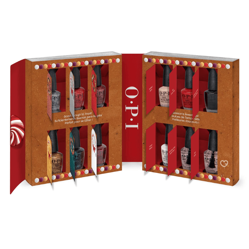 OPI Advent Calendar 2025 with 12 limited edition mini nail polishes in festive shades, perfect for beauty lovers and gift shoppers.
